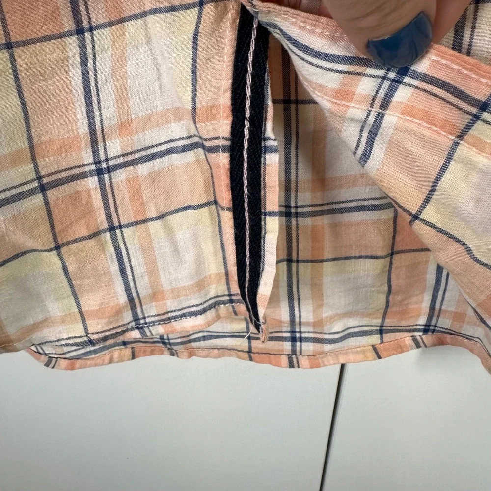 Twill Linen Plaid Peach Orange‎ Button Down Short Sleeve Shirt Mens Medium